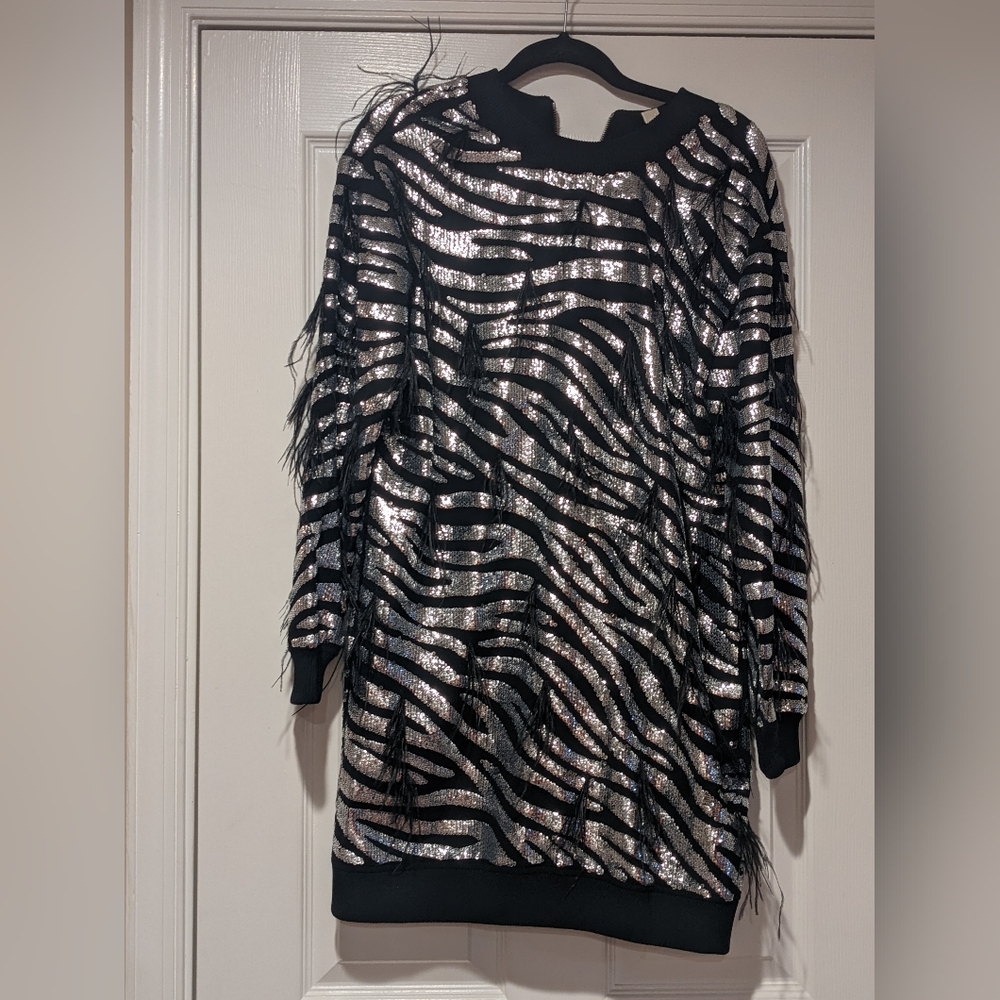 NWT Michael Kors Women's Small Silver Sequin Zebra-patterned Sweater Dress
